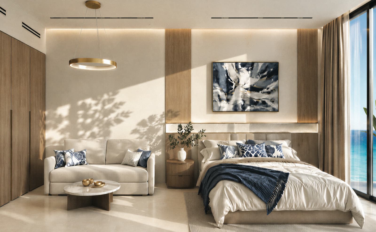 Vue d'artiste d'une chambre de One Peninsula ouverte sur la mer, meublée et prête à être exploitée